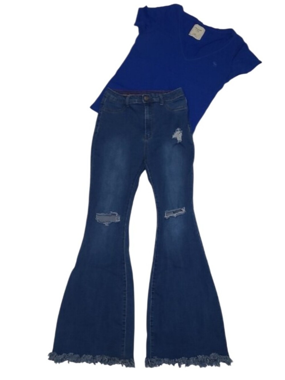 Distressed Dark Blue Flare Jeans Raw Fray Hem High Waist Rise Tall/ Long
